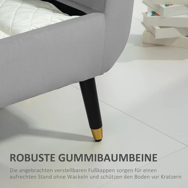 HOMCOM Sitzbank mit Stauraum Armlehnen, Samtartiges Polyester (Truhenbank, 1-St, Polsterbank), Gummiholz Hellgrau 107 x 42 x 65 cm – Bild 4