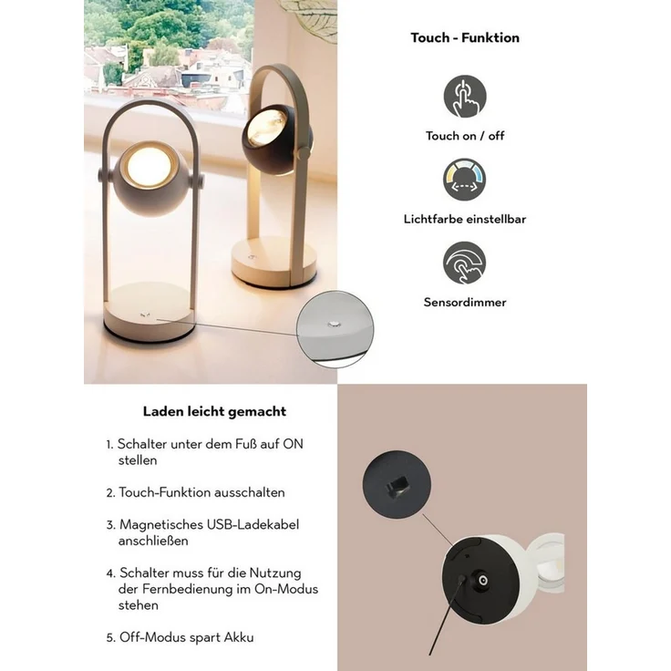 Musterring LED Tischleuchte CANNON, Akku LED Tischlampe Touchdimmer 4W 400 Lumen 2300-4000K CCT, CCT - über Fernbedienung, Dimmfunktion, Memoryfunktion, Nachtlichtfunktion, LED fest integriert, Farbwechsler, warmweiß - kaltweiß, kabellose Akku Tischleu... – Bild 2