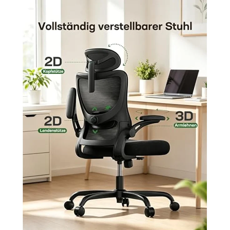 Marsail Bürostuhl Ergonomisch Schreibtischstuhl: Ergonomischer Bürostuhl mit 2D-Kopfstütze, 2D-Lendenwirbelstütze, klappbaren 3D-Armlehnen, 8 cm Sitzkissen, Höhenverstellung und 300 LB Belastbarkeit. – Bild 3