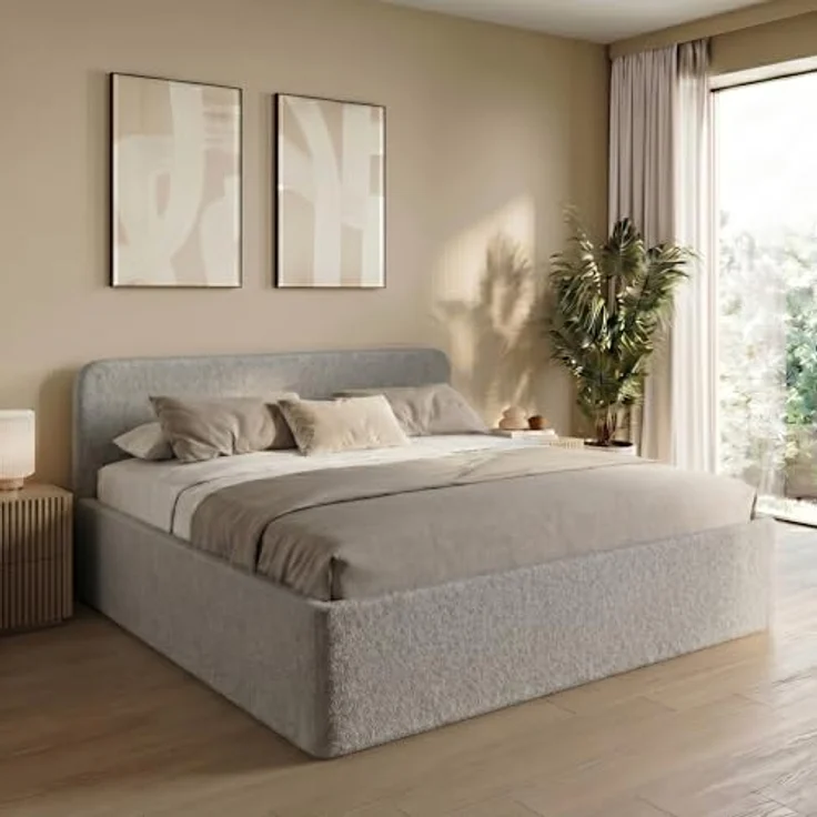 Home Collective Polsterbett mit Stauraum, verstellbarem Lattenrost, Bouclé-Stoff in Schwarz oder Creme, wählbare Matratze Federkern oder Kaltschaum, viele Größen – Bild 1