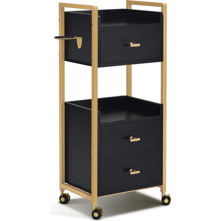 M MCombo Friseurwagen mit Rollen & 3 Schubladen, Rollwagen Servierwagen, Salon Trolley mit 2 Ablagen & Föhnhalter, Moderner Arbeitswagen für Bad Wohnzimmer, 30x40x95cm, 0022 (Schwarz-Gold)