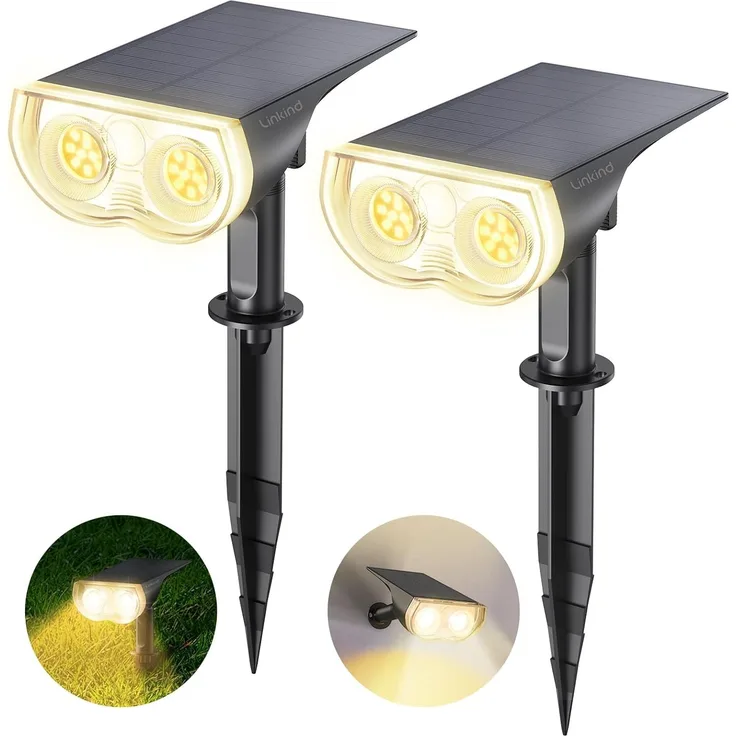 Linkind LED Solarlampen StarRay, Dusk to Dawn Licht Sensorik Solarleuchte, IP67 wasserdicht Außenwandleuchte, 650lm 3000K Warmweiß Solar Wegbeleuchtung Strahler für Garage Eingang, 2er Pack