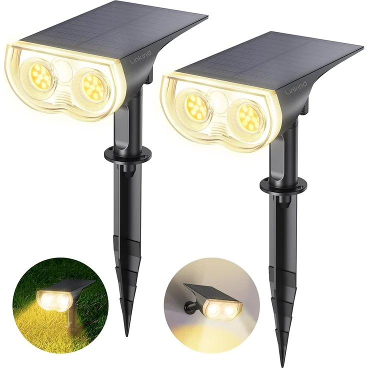 Linkind LED Solarlampen StarRay, Dusk to Dawn Licht Sensorik Solarleuchte, IP67 wasserdicht Außenwandleuchte, 650lm 3000K Warmweiß Solar Wegbeleuchtung Strahler für Garage Eingang, 2er Pack