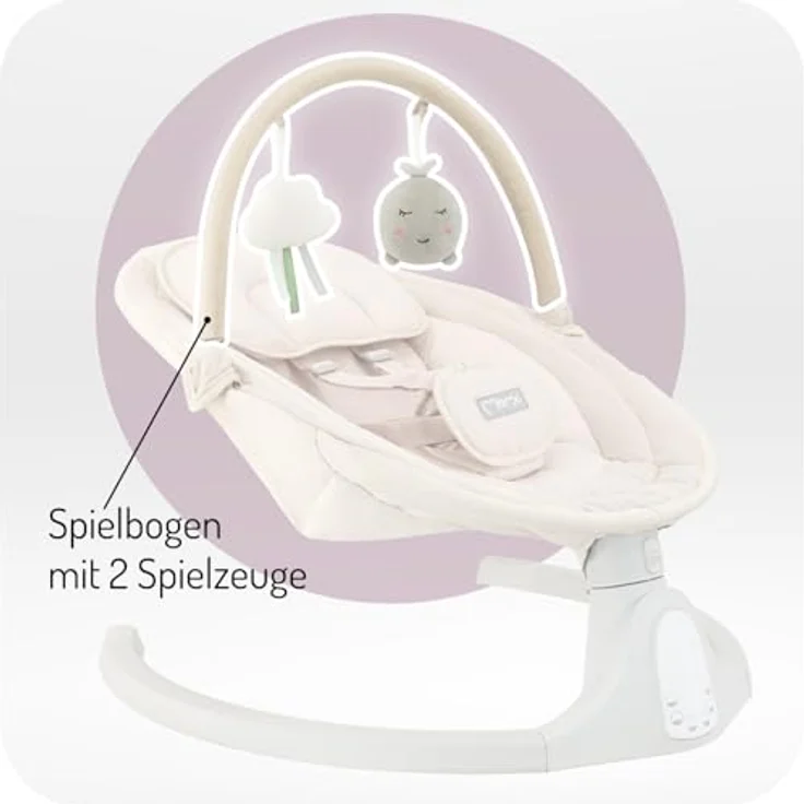 MoMi KENANI SAND Babywippe für Babys bis 9 kg, mit LED-Display, Fernbedienung & Bluetooth für Smartphone, Batterie- oder Stromanschluss, mit 5-Punkt-Sicherheitsgurt, Bügel und Spielzeug – Bild 8