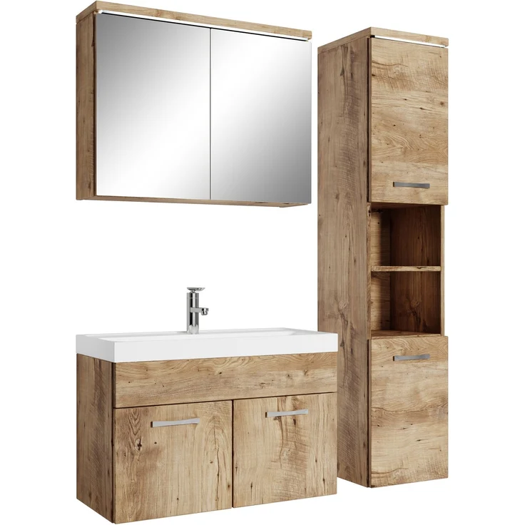 Badplaats Badmöbel Komplettset Paso LED 80 x 40 cm Kastanien Eiche - Badezimmermöbel mit Waschbecken, Spiegelschrank und Badezimmerschrank – Bild 1
