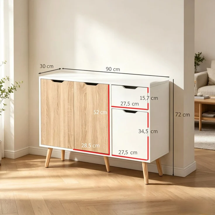 DESVIAE Sideboard Weiß/Helleiche aus Spanplatte/Kiefernholz – 90x72x30 cm – 2 Schränke, Schublade – Bild 8