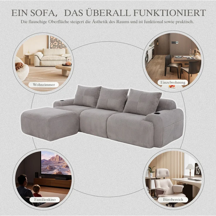 DESVIAE Sofa 3-Sitzer modular mit Getränkehalter und Seitentasche 268x80x174 cm Cord Hellgrau – Bild 3