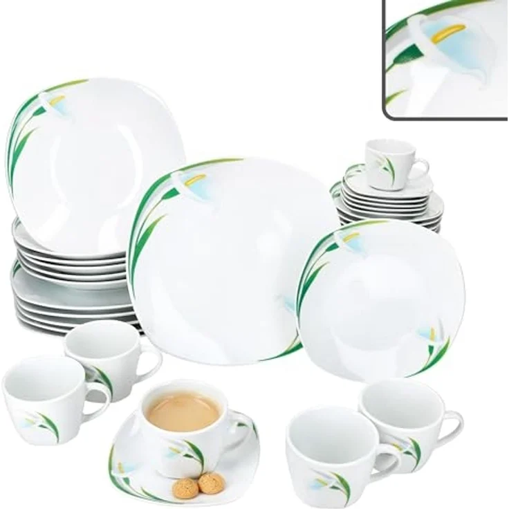 MamboCat Kombiservice 30tlg Kombiservice White Calla Porzellan 6 Pers Tassen Teller Blumen, Porzellan – Bild 2