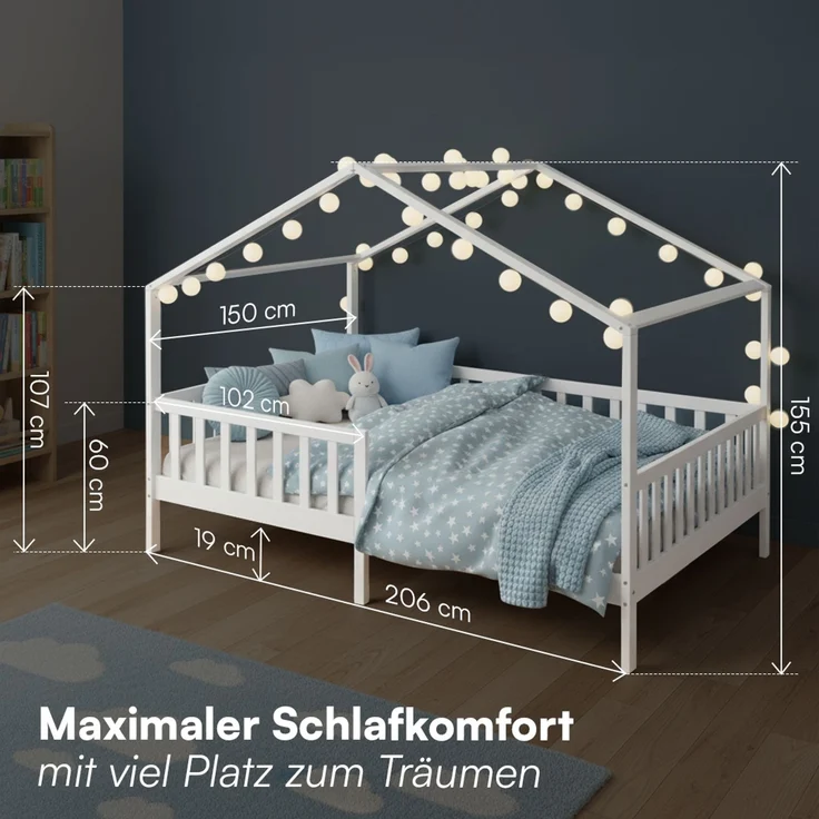 Bellabino 'Bia' Hausbett 140x200 cm mit Matratze, weiß, Kiefer Massivholz, Montessori Kinderbett mit Rausfallschutz und Lattenrost – Bild 9