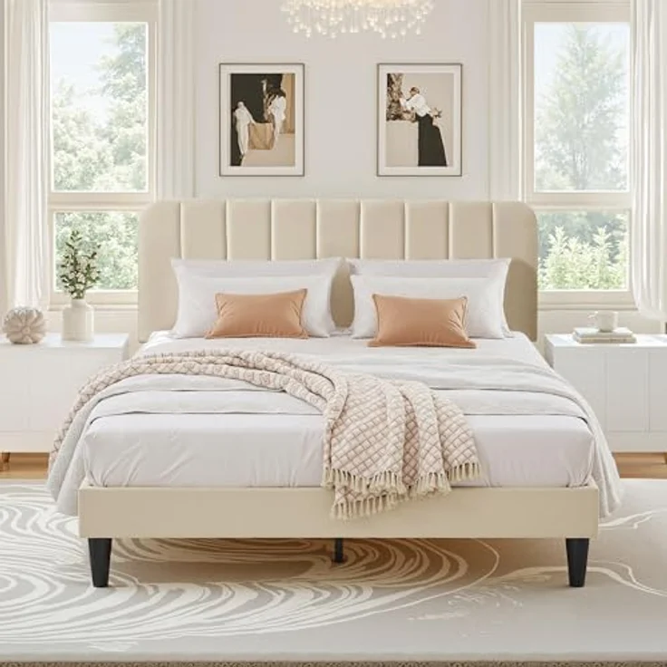 VECELO Polsterbett 140x200 cm, Doppelbett mit Höhenverstellbarem Kopfteil, Samtbezug und Stabiler Lattenrost, Geräuschfrei, Einfache Montage, für Schlafzimmer und Gästezimmer, Beige – Bild 2