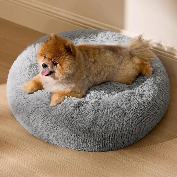 BEDSURE Katzenbett waschbar Flauschiges Katzenbett - Ø 60 cm Katzenschlafplatz für Katzen und kleine Hunde, plüsch Katzenkissen rund Kuschelbett, hellgrau