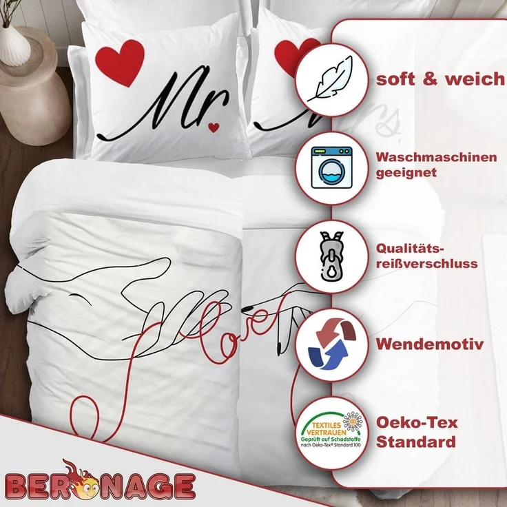BERONAGE Partnerbettwäsche Mr. & Mrs. Partnerbettwäsche 2 Bettwäsche-Sets, 4 teilig, 135x200 + 80x80 cm – Bild 2