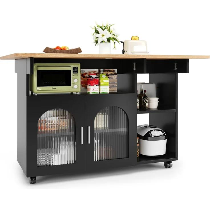 Merax Kücheninsel,Modernes Küchensiland, Küchenschrank, Abnehmbare Servierwagen buffetschrank, Speisewagen mit Holzmaserung, buffetschrank, Multifunktionale Esstisch mit Speicherraum, Schwarz – Bild 10