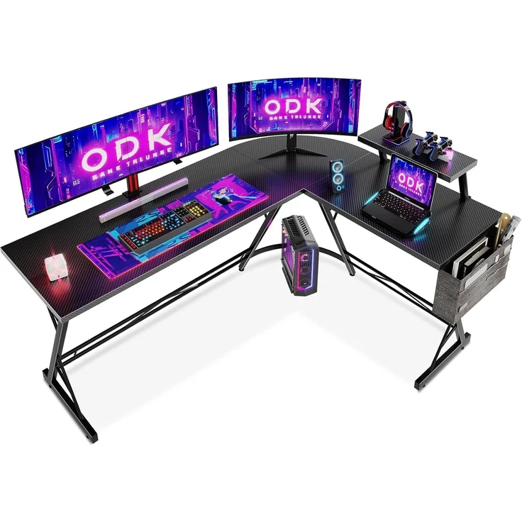 ODK Gaming Tisch, Computertisch, Gaming Schreibtisch mit runder Ecke, Gaming-Tisch mit Monitorablage (Kohlefaser Schwarz, 167x120 cm) – Bild 1