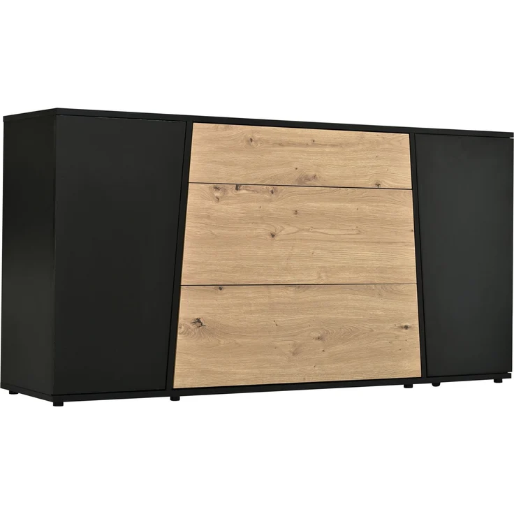 DESVIAE Sideboard Schwarz/Naturholzoptik aus MDF/Spanplatte – 140x70x35 cm – 3 Schubladen, 2 Türen – Bild 8