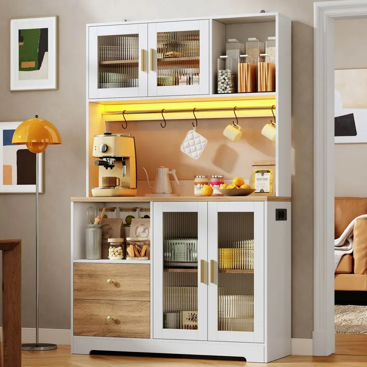 178 cm Küchenschrank, Hochschrank mit LED, Küchenregal mit Steckdose, Vitrine mit Türen aus gehärtetem Glas, Weinregal, Weiß mit Holzoptik verstärkter Arbeitsplatte--Natur + Weiß--110x40x178cm--YOUDENOVA