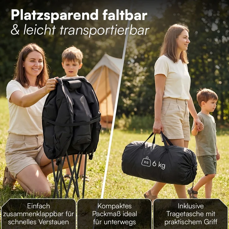 STEELSØN 'Hoggar' Moonchair faltbar, gepolsterter Campingstuhl schwarz, bis 150 kg, mit Kopfkissen und Tragetasche – Bild 5
