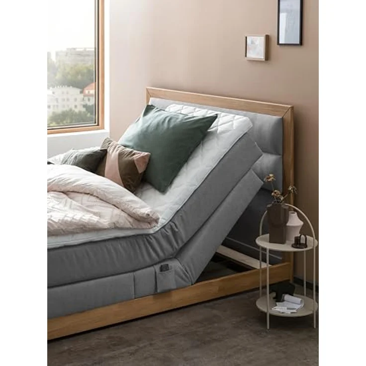 Belanoti Boxspringbett MODELA (Boxspringbett 180x200 elektrisch verstellbar Bett 180x200 mit Motor, 7-Zonen Taschenfederkern Matratze inklusive Visco Topper), in der Farbe Hellgrau H2/H3 Polsterbett Motorbett mit Eiche – Bild 7