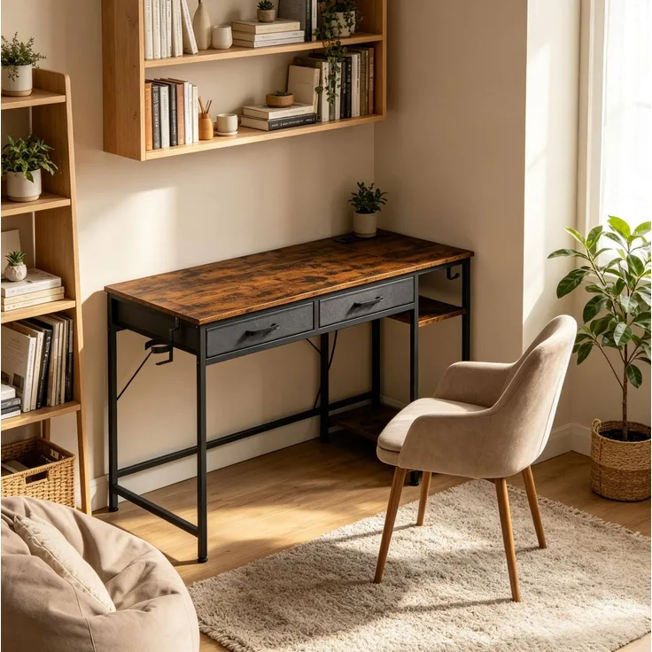 Schreibtisch mit Stoffschubladen & Ladestation, 120x51x75 cm, Rustik Braun