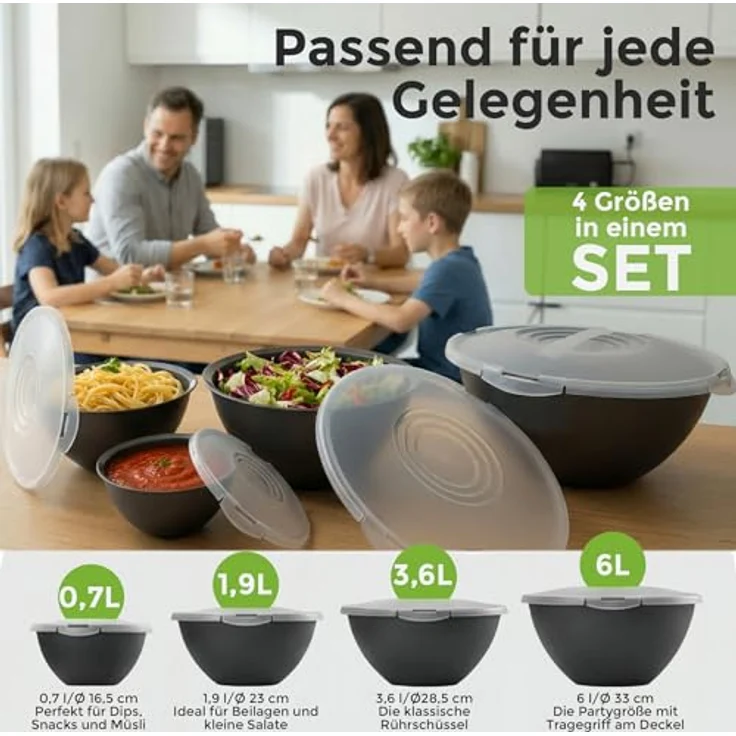 Hausfelder Salatschüssel Schüssel Set groß mit Deckel, 0,7-6 L Anthrazit Schwarz), Kunststoff, (8-tlg), Schüsseln 1x6 L, 1x3,6 L, 1x1,9 L, 1x0,7 L – Bild 3