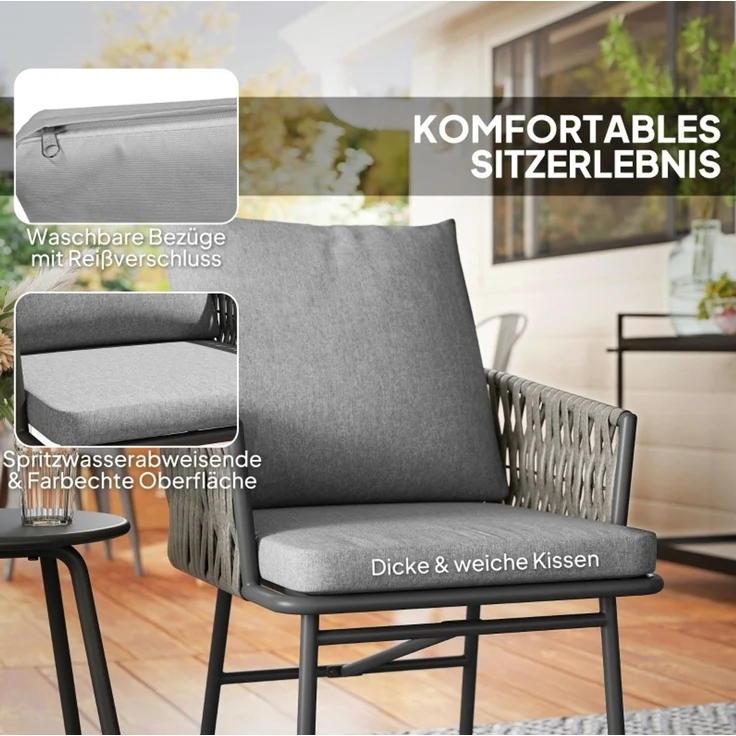 Essstuhl-Set mit Tisch 40x40x49 cm und Stühlen 58x63x69 cm, Grau, Stahlrahmen, Rattan, abnehmbare Bezüge – Bild 5