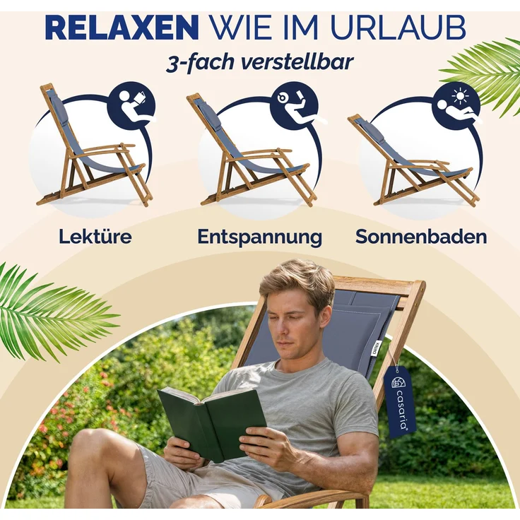 Sonnenliege Gartenstuhl Akazienholz 4 verschiedene Farben – Bild 5