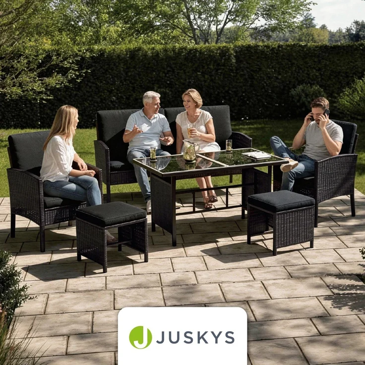 Juskys Polyrattan Gartenmöbel Sitzgruppe Turin Set 6 teilig inkl. Abdeckung - 7 Personen - Outdoor Möbel mit Sessel, Hocker, Tisch & Kissen - Garten Loungemöbel Schwarz – Bild 7