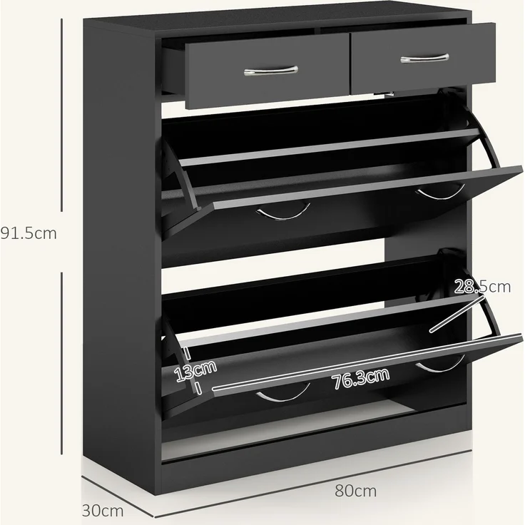 Mobiler Schuhschrank für 12 Paar Schuhe mit 2 verstellbaren Einlegeböden und 2 Schubladen, aus Holz, 80 x 30 x 91,5 cm, schwarz – Bild 5