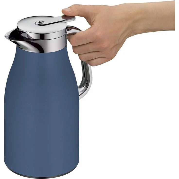 alfi SKYLINE 1,0l, deep water, Edelstahl-Isolierkanne mit hygienischem Hartglaseinsatz, Drehverschluss mit bequemer Drucktaste, ergonomischer Griff, ideal als Kaffeekanne, Teekanne, BPA-frei – Bild 2