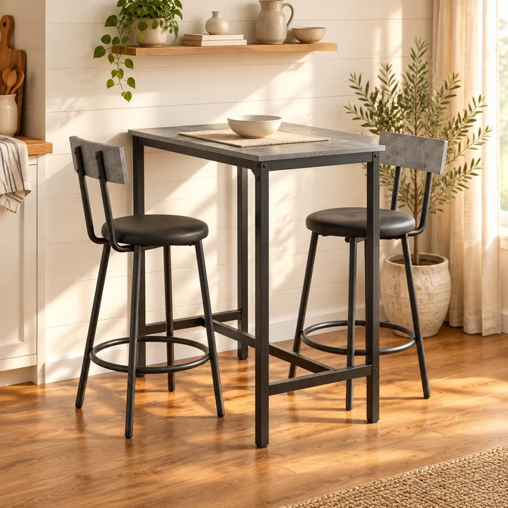 Bartisch-Set, 3-teilig mit 2 gepolsterten Barhockern, 100x40x90,5 cm, Grau – Bild 4