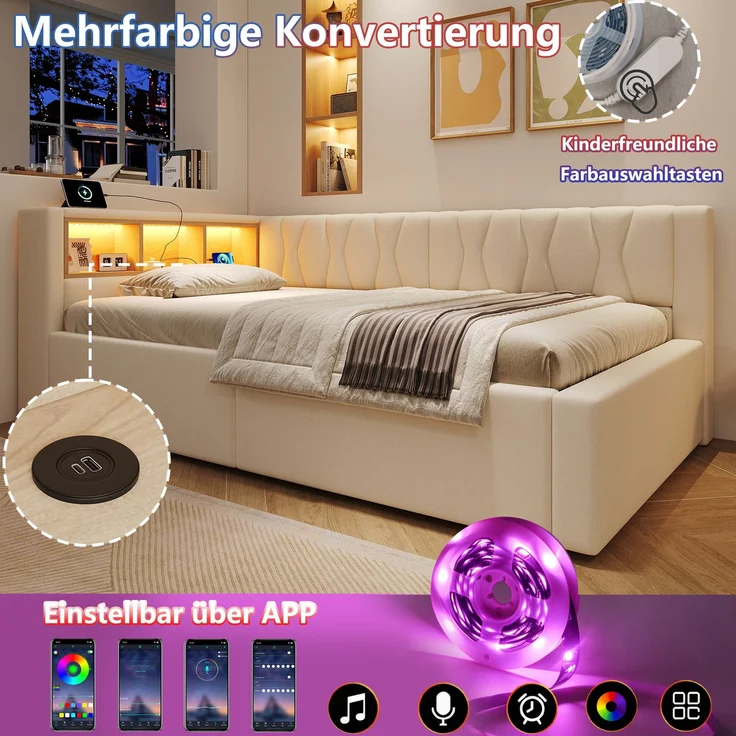 Daybett, Tagesbett, Schlafsofa,90x200cm, Ohne Matratze, Hydraulische Lagerung, mit dimmbarer LED-Leiste, mit praktischem Regal, mit USB-Anschluss, Beige – Bild 9