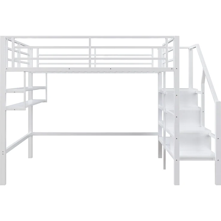 Bett 140x200 cm mit Stauraumleiter und Einlegeböden – Hochbett mit Geländer, weiß – Bild 1