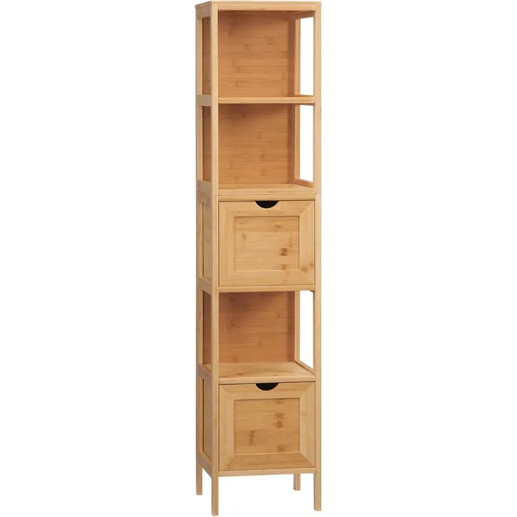 kleankin Badezimmerschrank, Hochschrank aus Bambus, Badschrank mit 3 Regalen und 2 Schubladen, Beistellschrank, Mehrzweckschrank mit Kippschutz, Naturholz, 30 x 30 x 140 cm