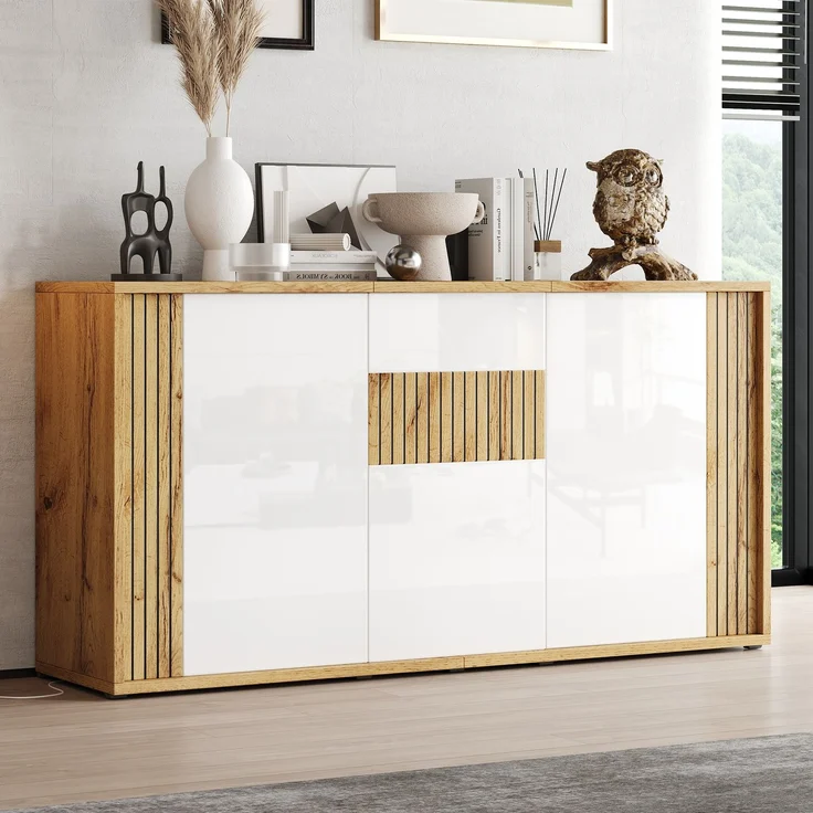 ZUBALIYA Sideboard 140x35x71 cm, mit 3 Türen, aus MDF / Spanplatte, Weiß / Natur – Bild 1