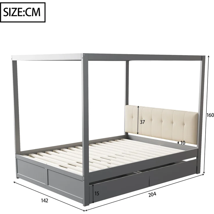 Himmelbett140*200 cm mit großen Schubladen und weicher Rückenlehne, Holz bett Grau – Bild 9