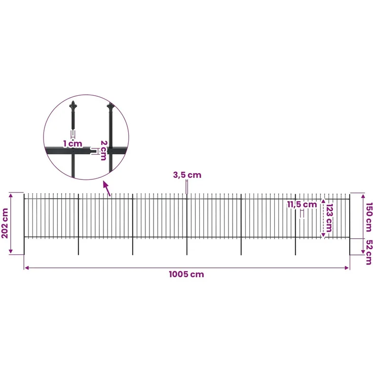 vidaXL Gartenzaun mit Speerspitze Stahl 1005 x 150 cm Schwarz 277634 – Bild 5