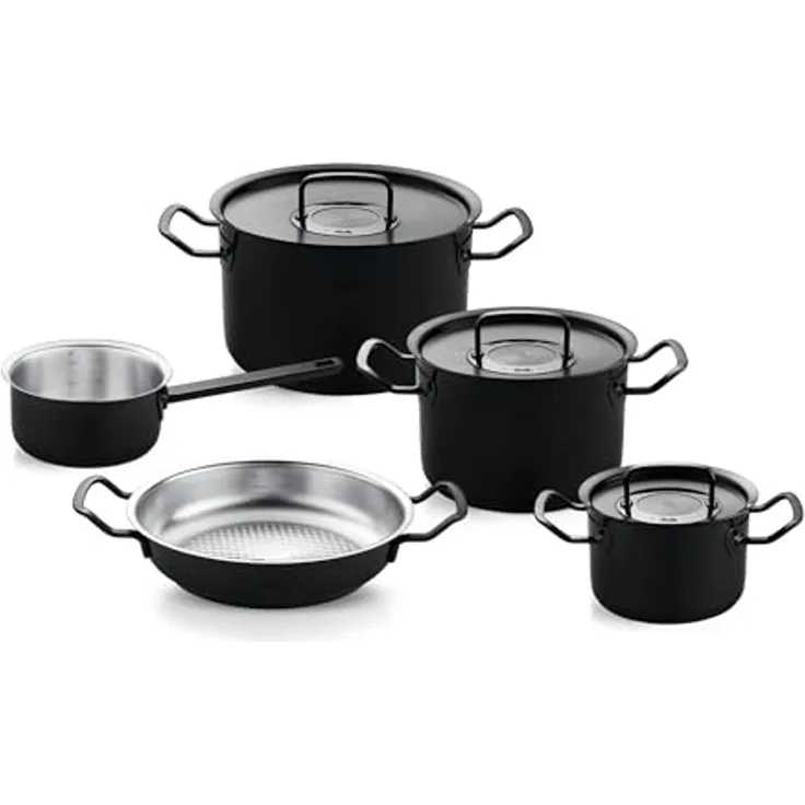 Fissler Topf-Set Original-Profi Collection ShadowLine, Edelstahl 18/10 (Set, 8-tlg, 3 Kochtöpfe mit Metalldeckel, 1 Servierpfanne, 1 Stielkasserolle), Auf 1.800 Stück limitiert, Echtheitszertifikat, Made in Germany