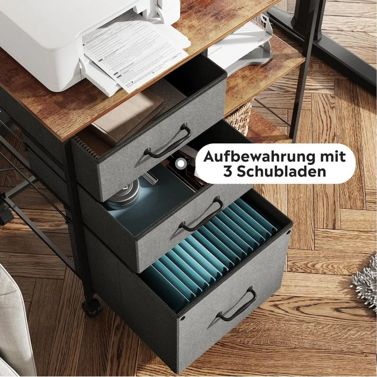 DEVAISE Aktenschrank Rollcontainer mit 3 Schubladen & 2 Ablagen, Mobiler Aktenschrank (Druckertisch für DIN A4/Legal/Letter, Breit 75cm) Schubladenschrank auf Rollen für Büro & Home Office – Bild 3