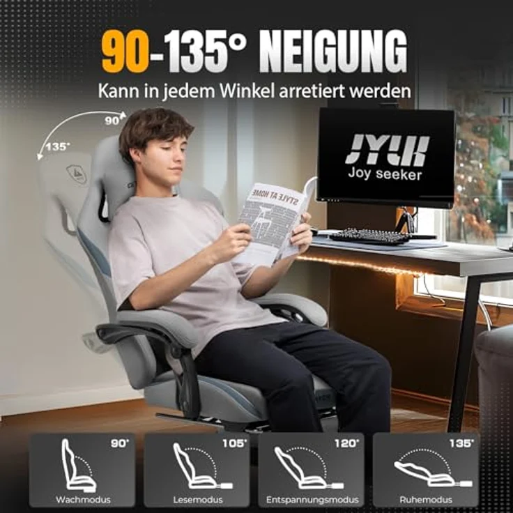 GTPLAYER Gaming-Stuhl Ergonomischer Gaming Sessel Schreibtischstuhl Gamer Stuhl aus Stoff, Federsitzkissen mit Fußstütze – Bild 8