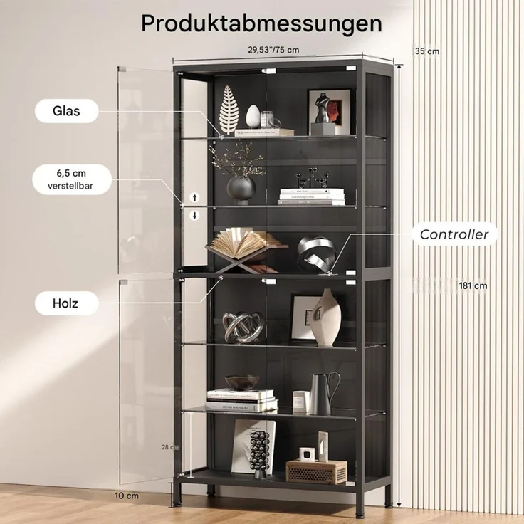 Glasvitrine 75x35x181 cm, 6-stöckige Vitrine mit LED-Beleuchtung, verstellbaren Glasböden und Sensor, Schwarz – Bild 4