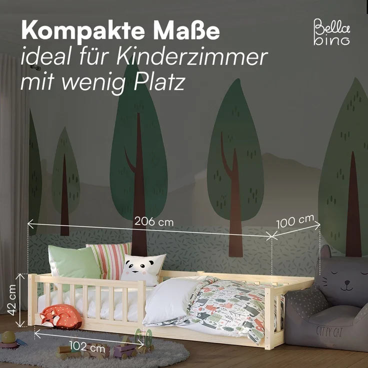 Bellabino 'Vere' Bodenbett 90x200 cm, natur, Massivholz Kiefer, Montessori Kinderbett mit Rausfallschutz und Lattenrost – Bild 8