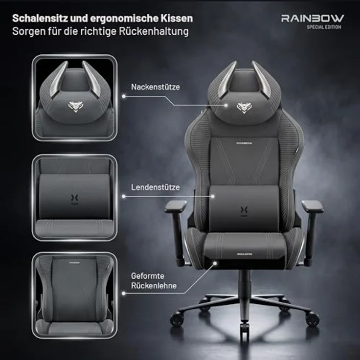 Diablo Gaming Stuhl ergonomisch Stoff Gaming Chair 140 kg belastbar Bürostuhl Gamer Stuhl mit 3D Armlehnen Lendenkissen Kopfkissen Wippfunktion Verstellbarer Rückenlehne Rainbow Grey – Bild 9