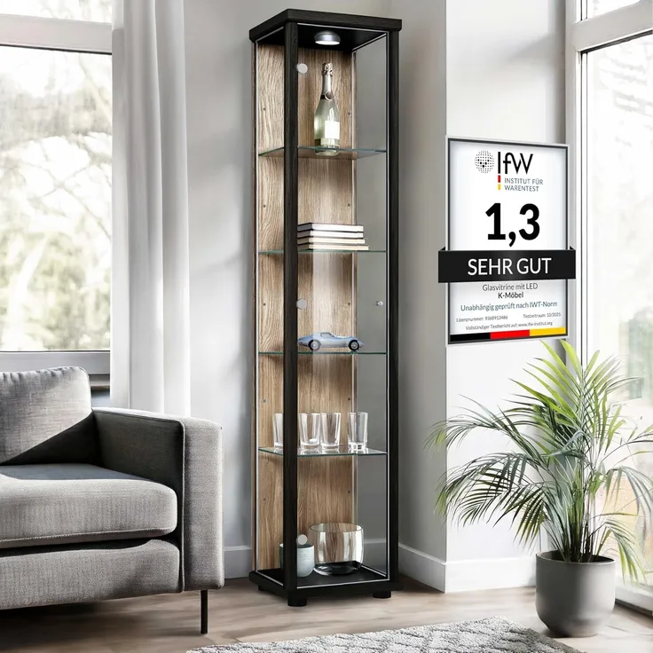 K-Möbel Glasvitrine C1014 (Glasvitrine (176x37x33 cm) mit 1 Glastür) Glasvitrine stehend
