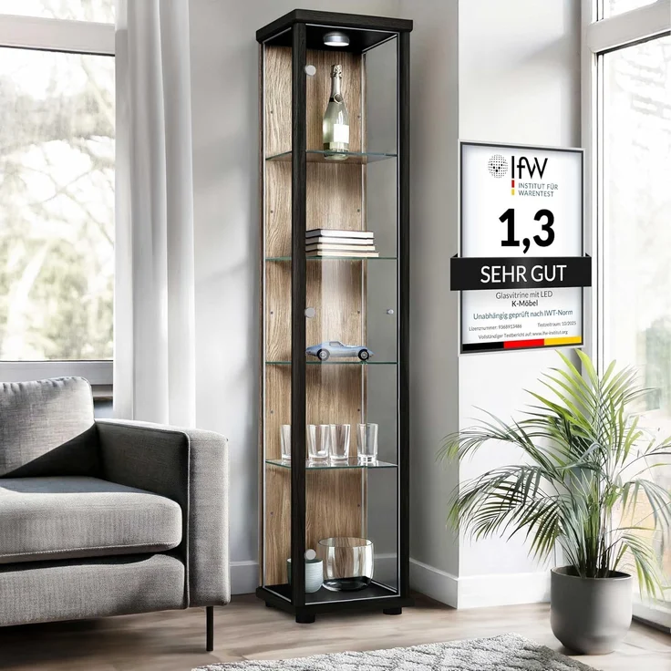 K-Möbel Glasvitrine C1014 (Glasvitrine (176x37x33 cm) mit 1 Glastür) Glasvitrine stehend – Bild 1