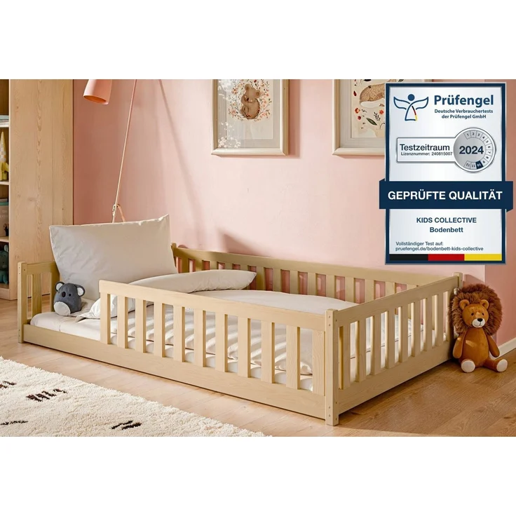 Kids Collective Kinderbett Bodenbett Bett mit Rausfallschutz & Lattenrost Montessori Bett Kinder (Jungen, Mädchen, Kinder, weitere Größen 80x160, 90x200, 140x200 cm), Gitterbett Jugendbett natur mit Matratze Junge Mädchen 120x200cm – Bild 1