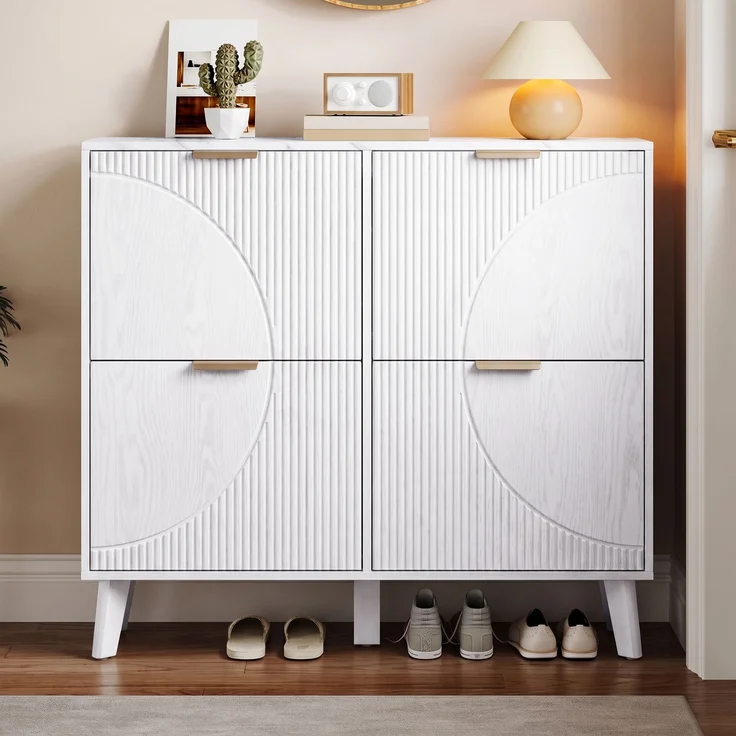ZUBALIYA Schuhschrank (105 x 24 x 95,5 cm), 4 Klappfächer, Strukturierte Fronten, Stauraum für Flur und Eingangsbereich, Weiß – Bild 11