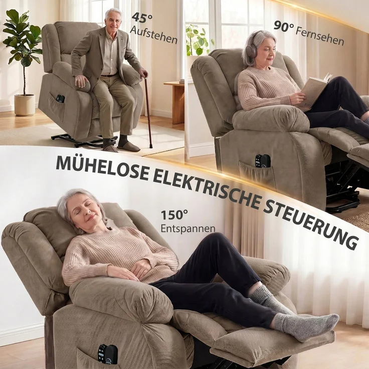 HOMCOM Fernsehsessel mit Aufstehhilfe, Samt, Braun, 93 x 104 x 100 cm – Bild 5