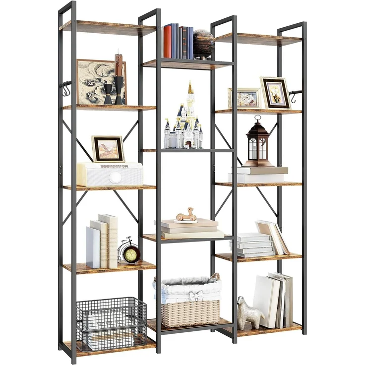 YITAHOME Industrielles Bücherregal 135 cm breit, Stehend Offen Aus Holz Und Metallrahmen Mit 14 Regalen, Präsentationsregal Für Wohnzimmer, Heimbüro, Vintagebraun – Bild 6