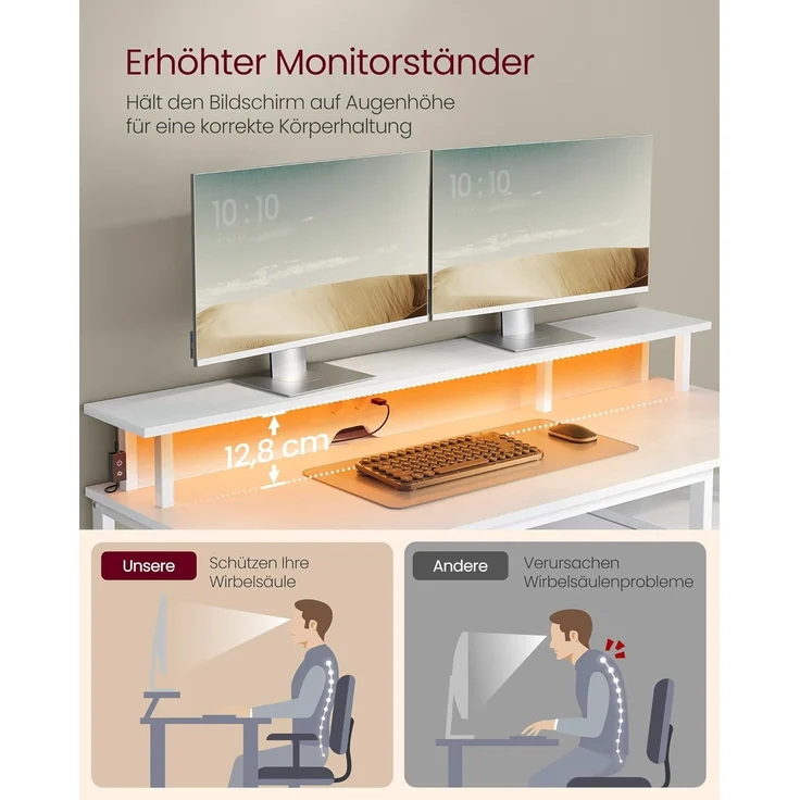 VASAGLE Schreibtisch mit Stoff-Schubladen, Computertisch mit Monitorständer, LED-Beleuchtung, 55 x 135 x 90 cm, eingebaute Steckdosen, 2 USB-A-Anschlüsse, für Homeoffice, ahornweiß LWD094W01 – Bild 6