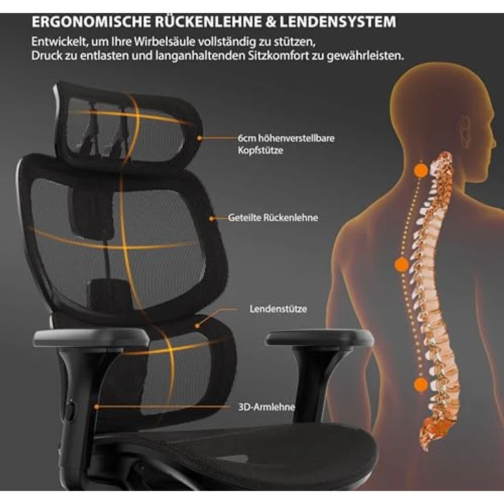 SENSE7 Nobu Ergonomischer Bürostuhl – Innovatives Rückenstützsystem, 3D-verstellbare Armlehnen, Wippfunktion, Atmungsaktives Mesh, Gesunde Haltung, Komfort für Büro und Gaming, Stabil – Bild 6